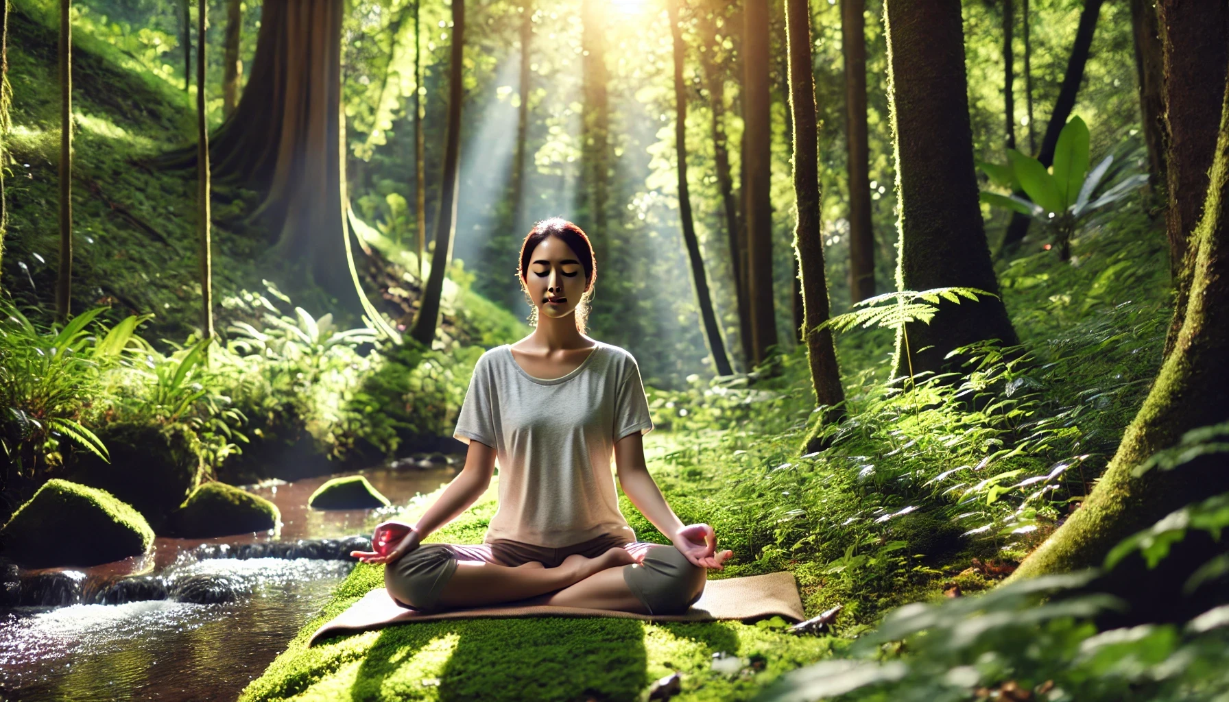 A woman is practising mindfulness meditation in a serene natural setting. She is sitting cross-legged on a mossy forest floor, surrounded by lush greenery and sunlight filtering through the trees. Her posture and closed eyes convey a sense of deep relaxation and focus, embodying an optimal mindset.