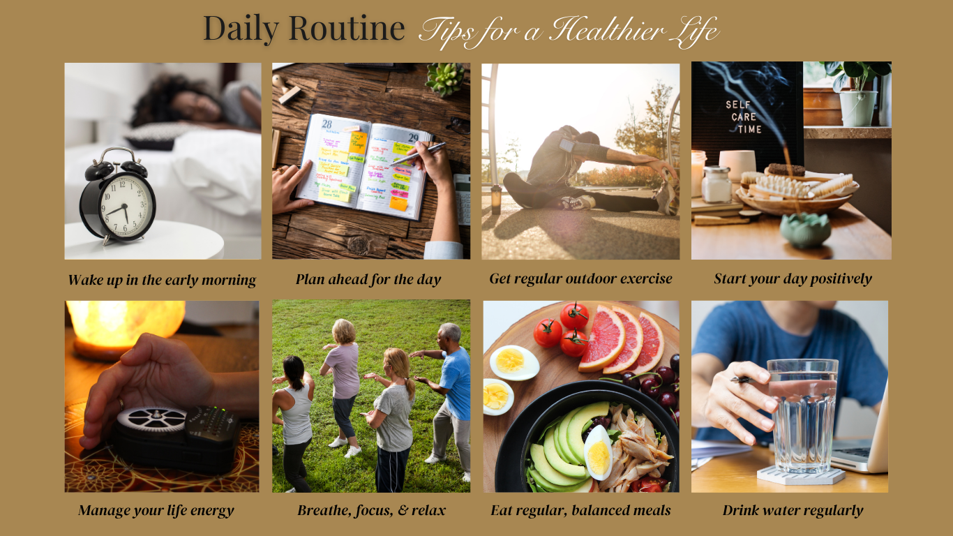 A visual guide with tips for a healthier daily routine, including morning habits, exercise, nutrition, relaxation, and energy management.