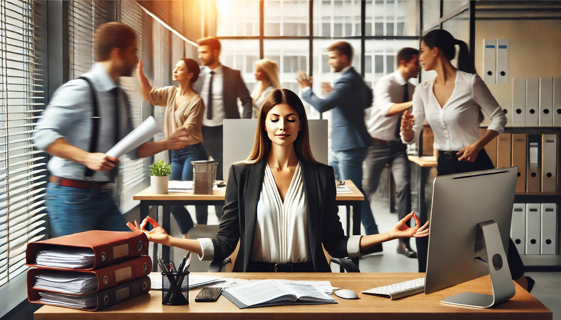 A professional woman practicing mindfulness at her desk in a busy office, demonstrating the power of a well-structured daily routine.