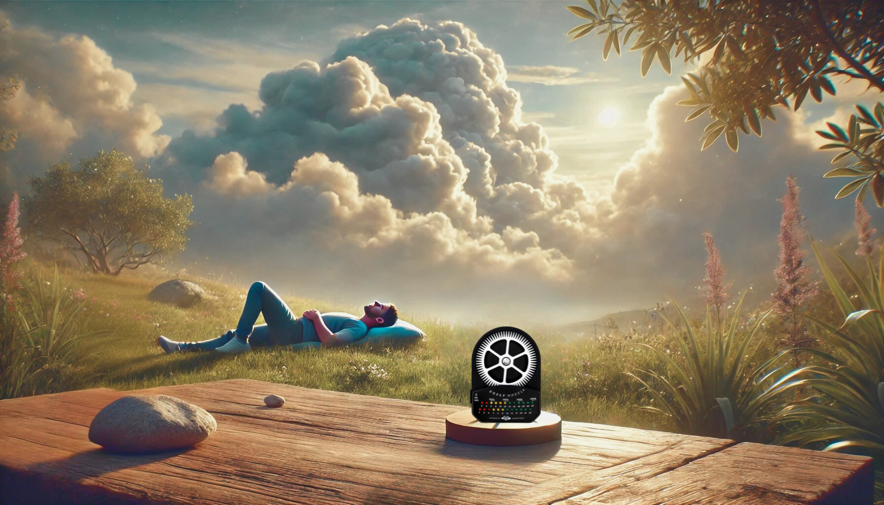 A person is lying on a grassy hill watching the clouds, with an Egely Wheel Vitality Meter placed on a wooden surface nearby. The scene is bathed in warm sunlight, creating a peaceful and meditative atmosphere.