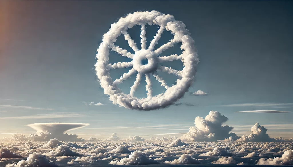 A cloud in the sky shaped like a perfect wheel, with subtle spoke-like details, creating a surreal yet natural visual effect.