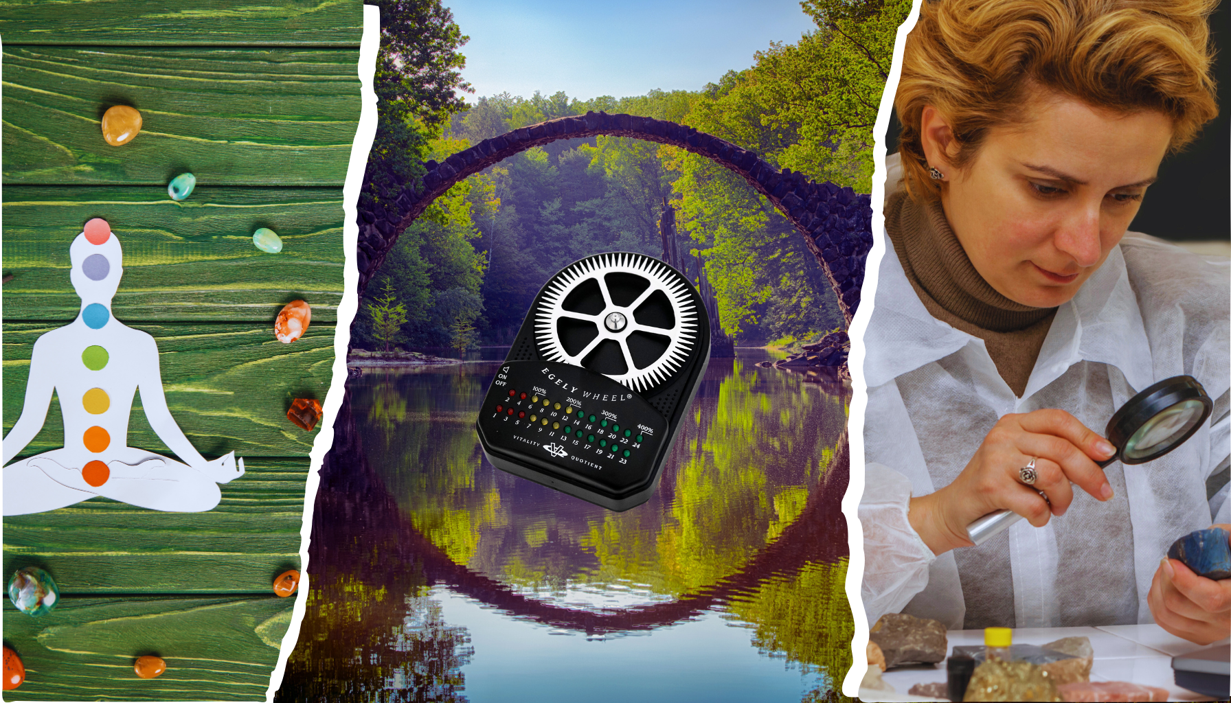 Split image showing the connection between Eastern energy practices and Western science: on the left, chakra stones and a meditating figure; in the center, an Egely Wheel device floats in front of a symbolic arched bridge in nature; on the right, a scientist examines a crystal with a magnifying glass.