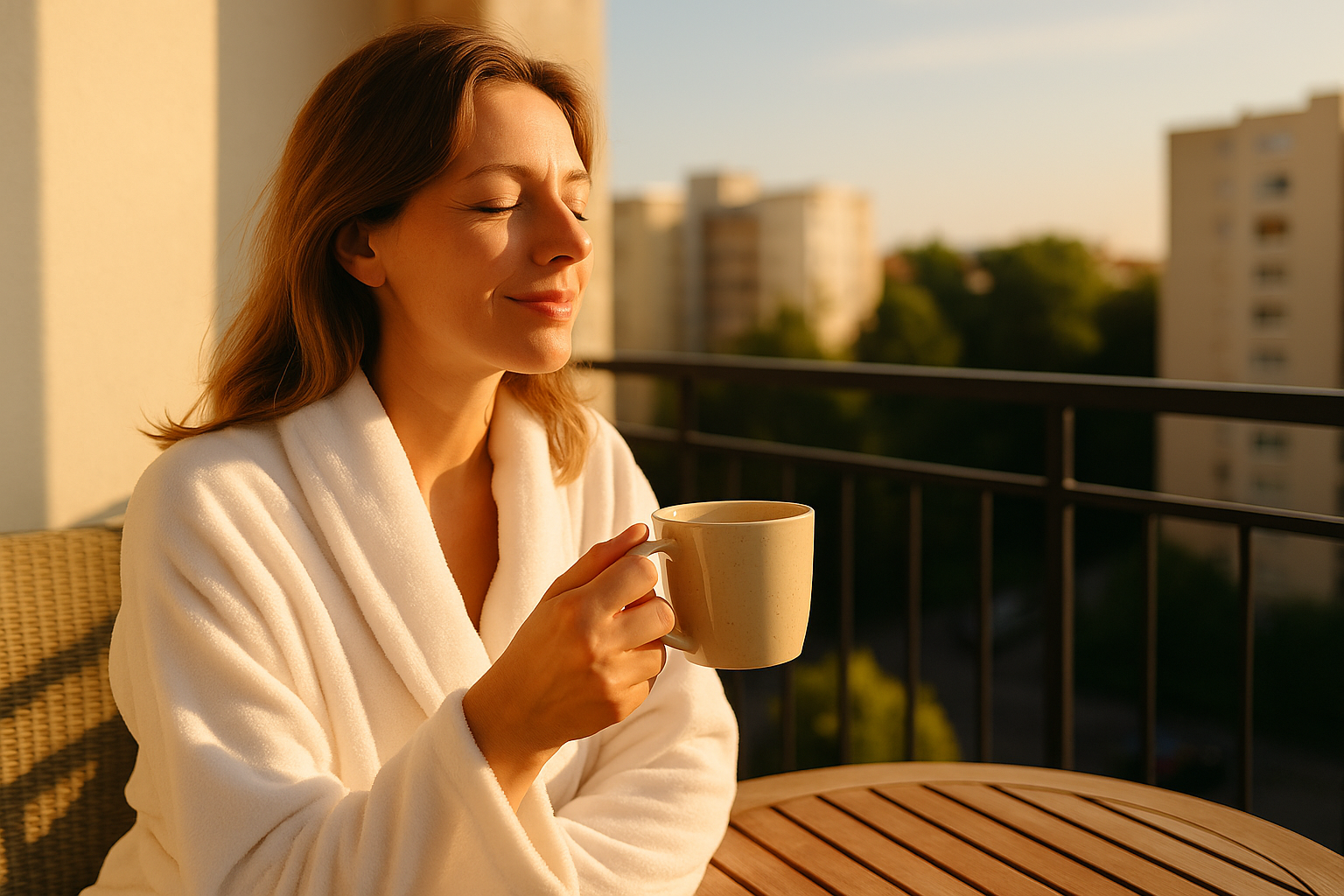 A woman in a white bathrobe enjoys her morning coffee on a sunny balcony. With her eyes closed and a peaceful expression, she highlights the mood- and well-being-boosting benefits of sunlight.