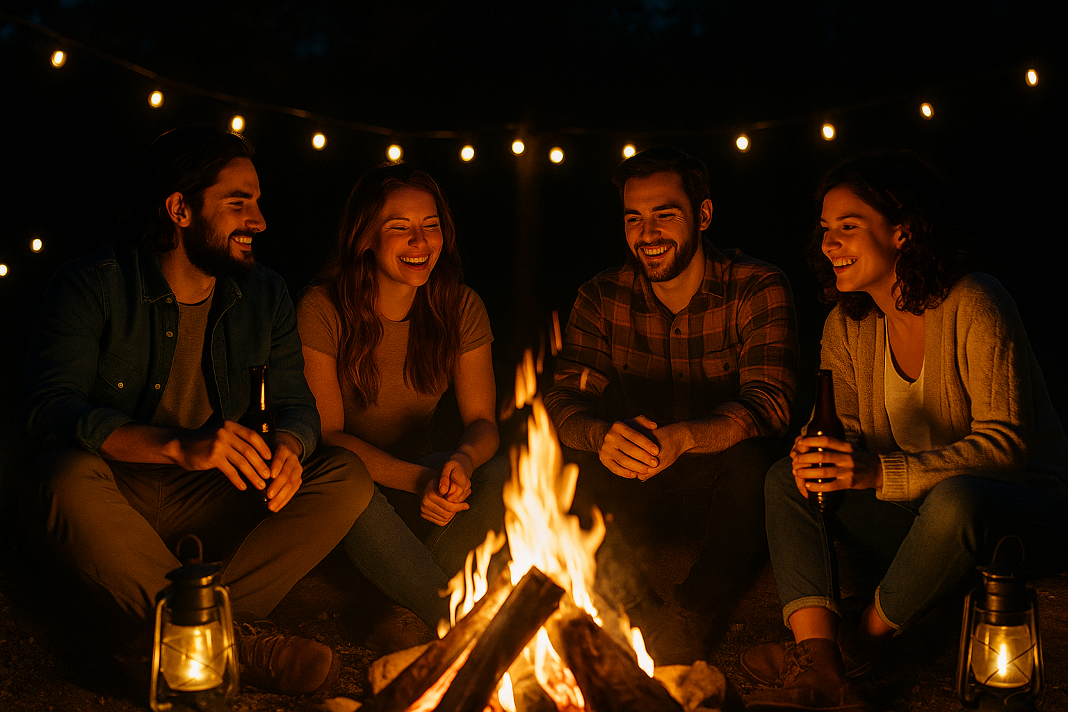 Friends gathered around a campfire under string lights on the summer solstice night, enjoying each other’s company.