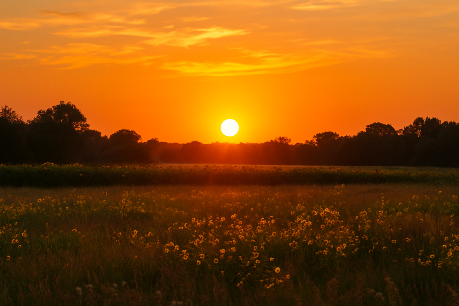 Sunset over a field of wildflowers on the summer solstice, with a glowing orange sky and the sun dipping below the horizon.